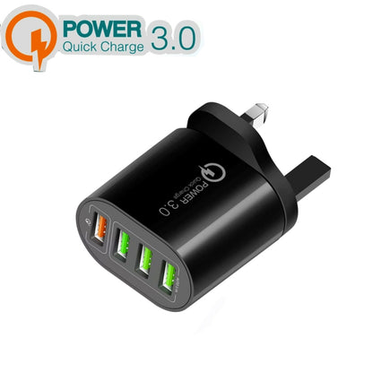 QC-04 QC3.0 + 3 x USB 2.0 Multi-ports Charger for Mobile Phone Tablet, UK Plug(Black) - Mobile Accessories by buy2fix | Online Shopping UK | buy2fix