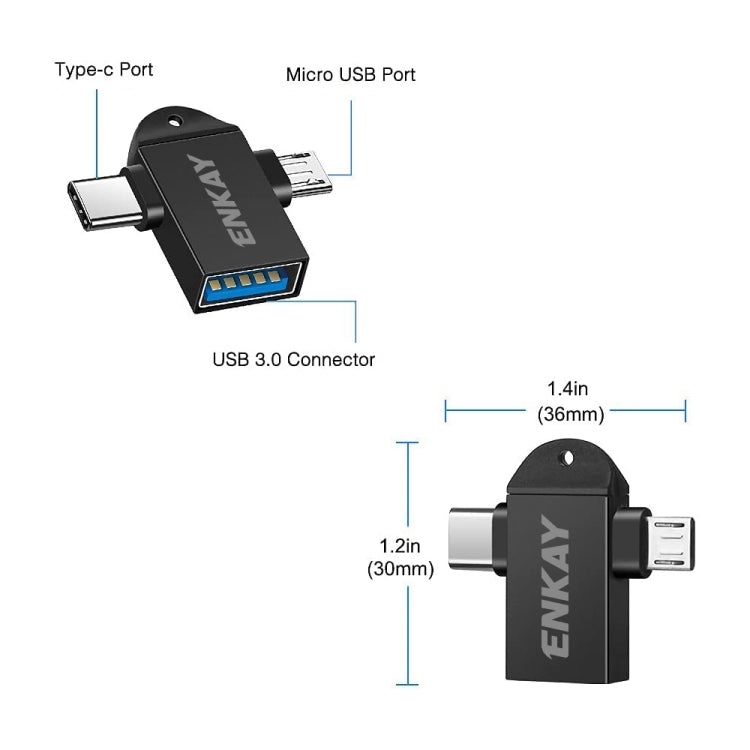 ENKAY ENK-AT112 2 in 1 Type-C + Micro USB to USB 3.0 Aluminium Alloy OTG Adapter(Black) -  by ENKAY | Online Shopping UK | buy2fix