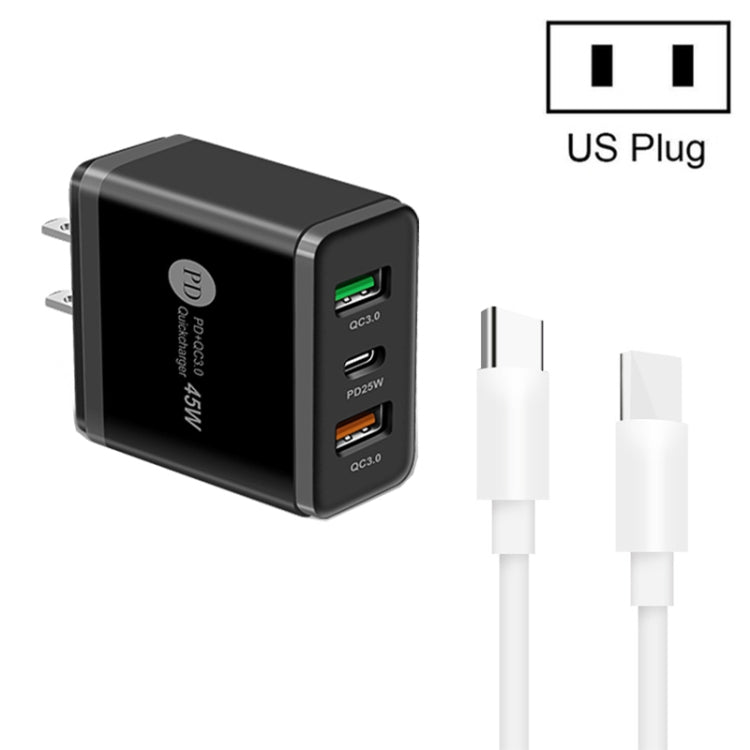 45W PD3.0 + 2 x QC3.0 USB Multi Port Charger with Type-C to Type-C Cable, US Plug(Black) - Mobile Accessories by buy2fix | Online Shopping UK | buy2fix