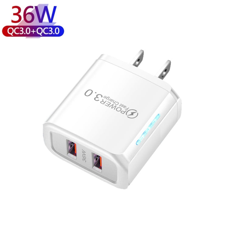 36W Dual Port QC3.0 USB Charger with 3A USB to Type-C Data Cable, US Plug(White) - Mobile Accessories by buy2fix | Online Shopping UK | buy2fix