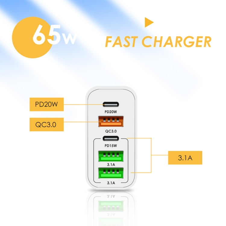 65W Dual PD Type-C + 3 x USB Multi Port Charger with 3A Type-C to 8 Pin Data Cable, US Plug(White) - Apple Accessories by buy2fix | Online Shopping UK | buy2fix