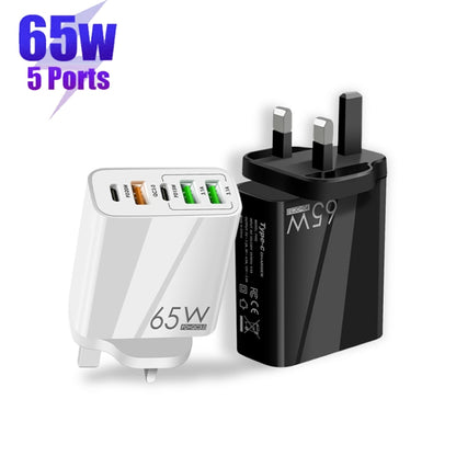 65W Dual PD Type-C + 3 x USB Multi Port Charger with 3A USB to 8 Pin Data Cable, UK Plug(Black) - USB Charger by buy2fix | Online Shopping UK | buy2fix