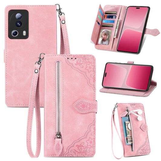 For Xiaomi 13 Lite Embossed Flower Zipper Leather Phone Case(Pink) - 13 Lite Cases by buy2fix | Online Shopping UK | buy2fix