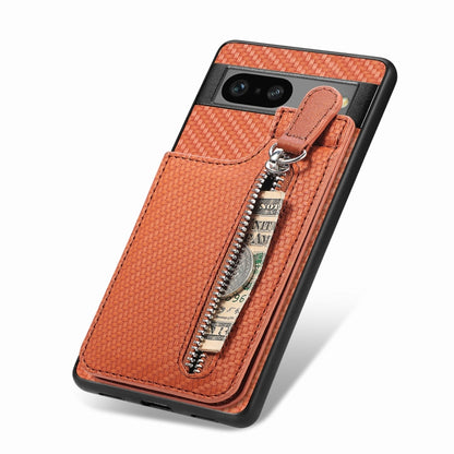 For Google Pixel 7A Carbon Fiber Vertical Flip Zipper Phone Case(Brown) - Google Cases by buy2fix | Online Shopping UK | buy2fix