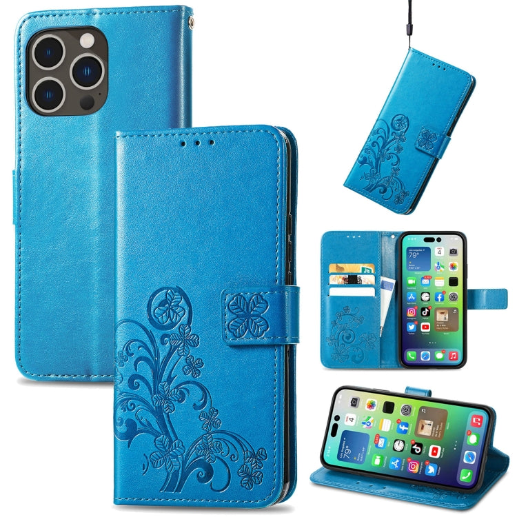 For iPhone 15 Pro Four-leaf Clasp Embossed Buckle Leather Phone Case(Blue) - iPhone 15 Pro Cases by buy2fix | Online Shopping UK | buy2fix