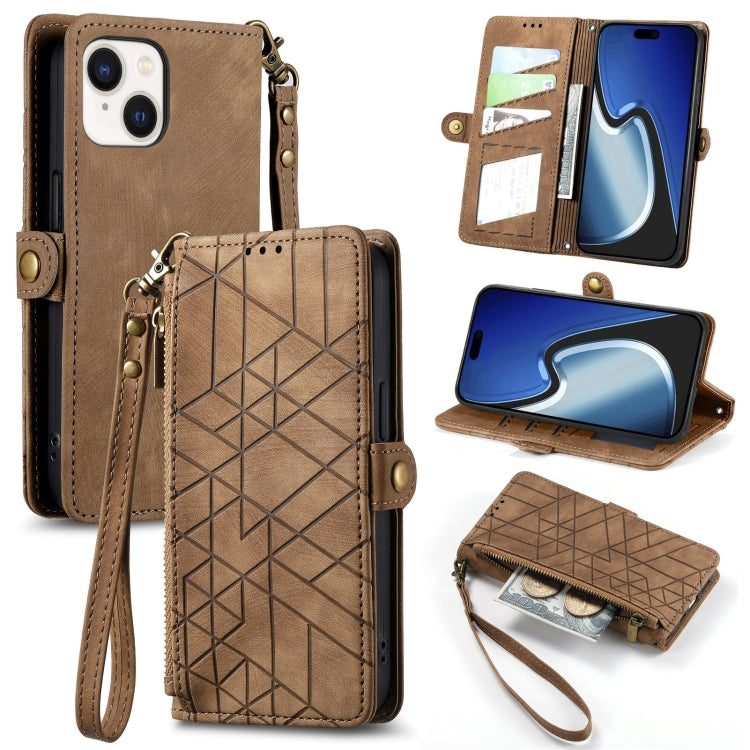 For iPhone 15 Plus Geometric Zipper Wallet Side Buckle Leather Phone Case(Brown) - iPhone 15 Plus Cases by buy2fix | Online Shopping UK | buy2fix