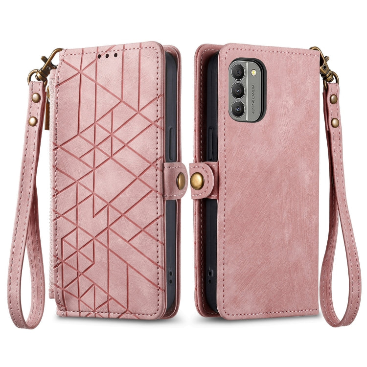 For Nokia C12 Geometric Zipper Wallet Side Buckle Leather Phone Case(Pink) - Nokia Cases by buy2fix | Online Shopping UK | buy2fix