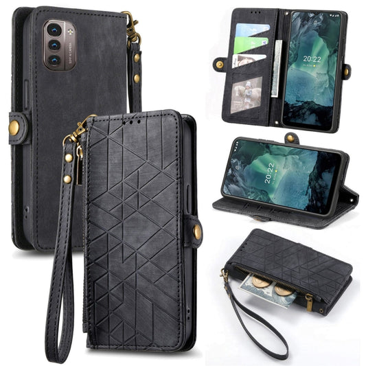 For Nokia G11/G21 Geometric Zipper Wallet Side Buckle Leather Phone Case(Black) - Nokia Cases by buy2fix | Online Shopping UK | buy2fix