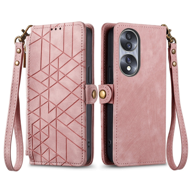 For Honor 90 Lite / X50i Geometric Zipper Wallet Side Buckle Leather Phone Case(Pink) - Honor Cases by buy2fix | Online Shopping UK | buy2fix