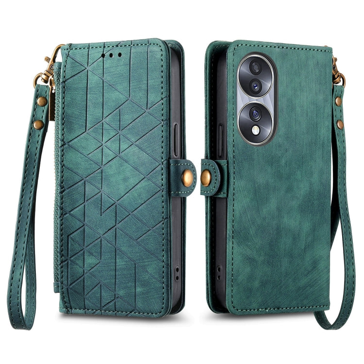 For Honor 90 Geometric Zipper Wallet Side Buckle Leather Phone Case(Green) - Honor Cases by buy2fix | Online Shopping UK | buy2fix