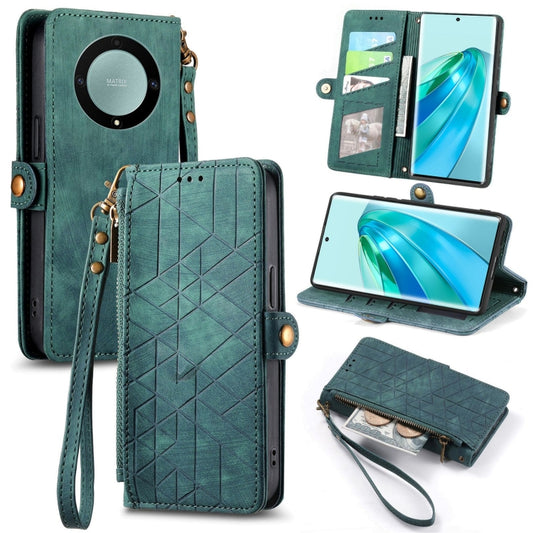 For Honor X9A Geometric Zipper Wallet Side Buckle Leather Phone Case(Green) - Honor Cases by buy2fix | Online Shopping UK | buy2fix