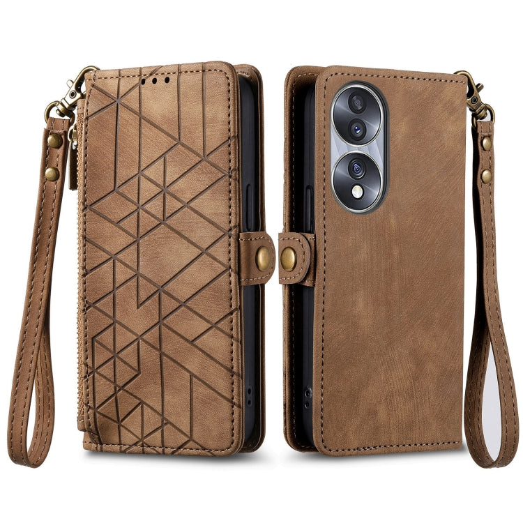For Honor V40 Geometric Zipper Wallet Side Buckle Leather Phone Case(Brown) - Honor Cases by buy2fix | Online Shopping UK | buy2fix