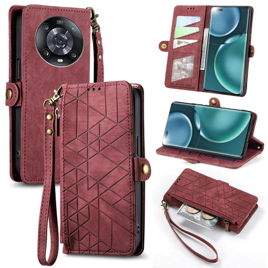 For Honor Magic4 Pro Geometric Zipper Wallet Side Buckle Leather Phone Case(Red) - Honor Cases by buy2fix | Online Shopping UK | buy2fix