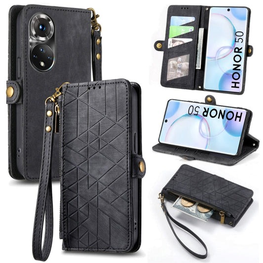 For Honor 50 Geometric Zipper Wallet Side Buckle Leather Phone Case(Black) - Honor Cases by buy2fix | Online Shopping UK | buy2fix