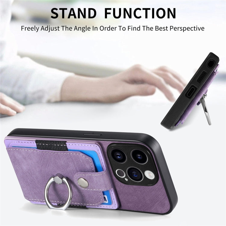 For iPhone 15 Pro Max Retro Skin-feel Ring Card Wallet Phone Case(Purple) - iPhone 15 Pro Max Cases by buy2fix | Online Shopping UK | buy2fix