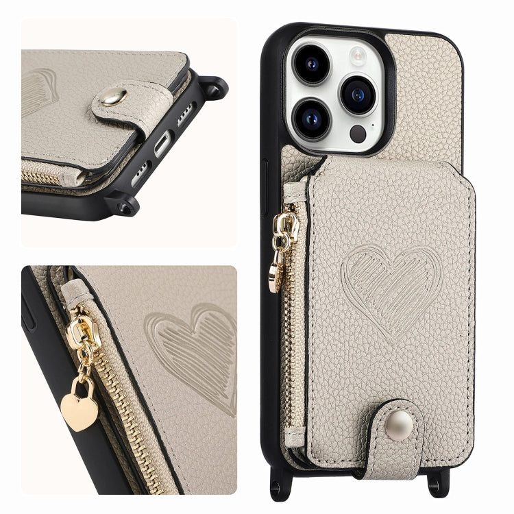 For iPhone 15 Pro Max Crossbody Love Zipper Leather Back Phone Case(White) - iPhone 15 Pro Max Cases by buy2fix | Online Shopping UK | buy2fix