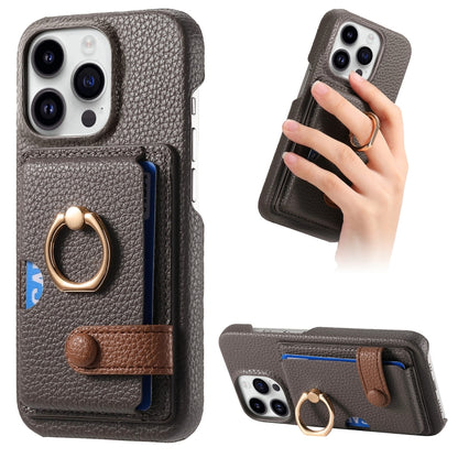 For iPhone 15 Pro Max Litchi Leather Oil Edge Ring Card Back Phone Case(Grey) - iPhone 15 Pro Max Cases by buy2fix | Online Shopping UK | buy2fix