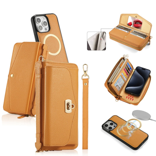 For iPhone 15 Pro MagSafe Crossbody Multi-functional Zipper Wallet Litchi Leather Phone Case(Orange) - iPhone 15 Pro Cases by buy2fix | Online Shopping UK | buy2fix