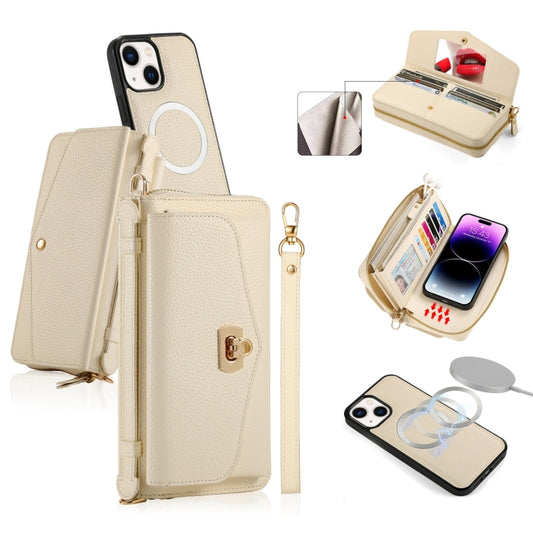 For iPhone 14 Plus MagSafe Crossbody Multi-functional Zipper Wallet Litchi Leather Phone Case(White) - iPhone 14 Plus Cases by buy2fix | Online Shopping UK | buy2fix
