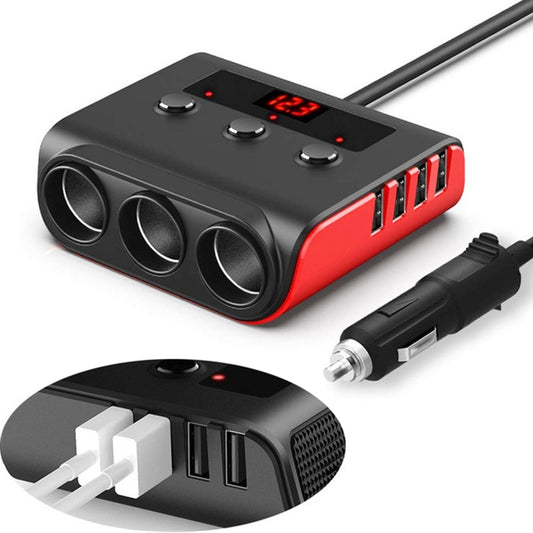 TR12 3 in 1 100W 4USB Car Cigarette Lighter with Switch Voltage Display(Black Red) - In Car by buy2fix | Online Shopping UK | buy2fix