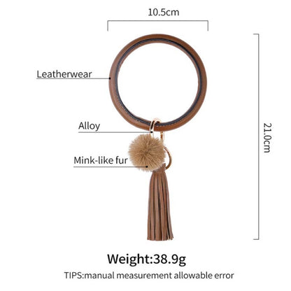 2 PCS Fringed Bracelet Keychain Circle Anti-Lost PU Leather Hairball Bracelet Keyring Pendant( Pink) - Key Rings by buy2fix | Online Shopping UK | buy2fix