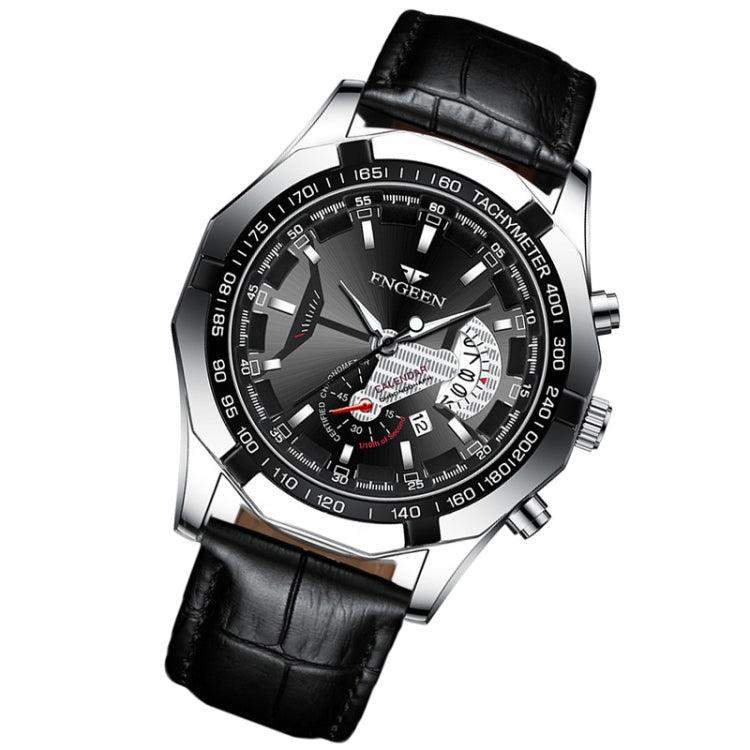 FNGEEN S001 Men Waterproof Watch Calendar Watch(Black Leather White Steel Black Surface) - Alloy Watches by FNGEEN | Online Shopping UK | buy2fix