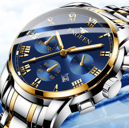 FNGEEN 4006 Men Trendy Waterproof Quartz Watch(Gold Blue Surface) - Alloy Watches by FNGEEN | Online Shopping UK | buy2fix