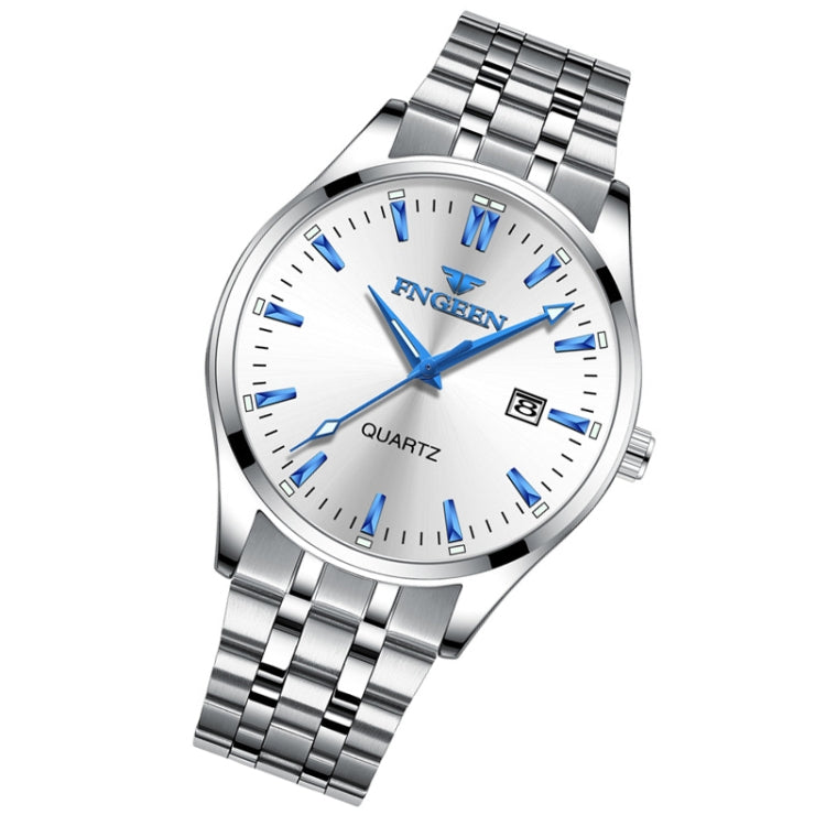 FNGEEN 2111 Men Simple Luminous Calendar Quartz Watch(White Steel White Surface) - Metal Strap Watches by FNGEEN | Online Shopping UK | buy2fix
