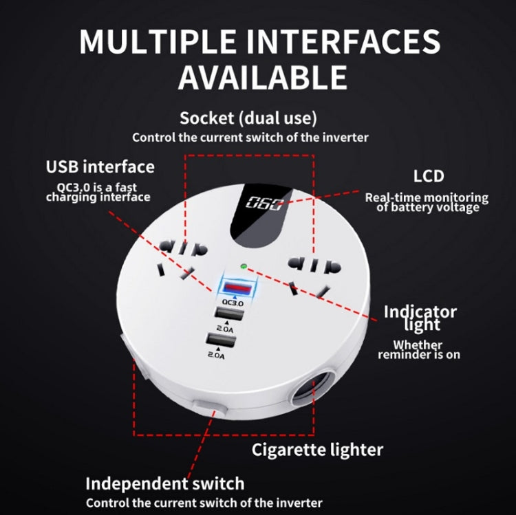 QC3.0 Car 12V 24V To 110V 220V Multi-function Inverter(White Round ) - In Car by buy2fix | Online Shopping UK | buy2fix