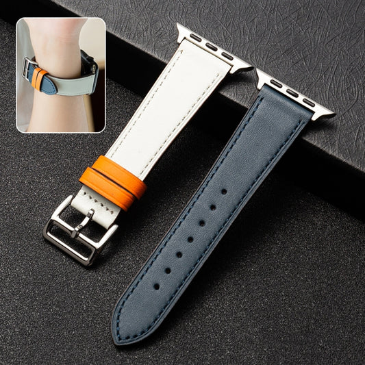 Cowhide Leather Strap Watch Band For Apple Watch Series 8&7 41mm / SE 2&6&SE&5&4 40mm / 3&2&1 38mm(Dark Blue White) - Watch Bands by buy2fix | Online Shopping UK | buy2fix