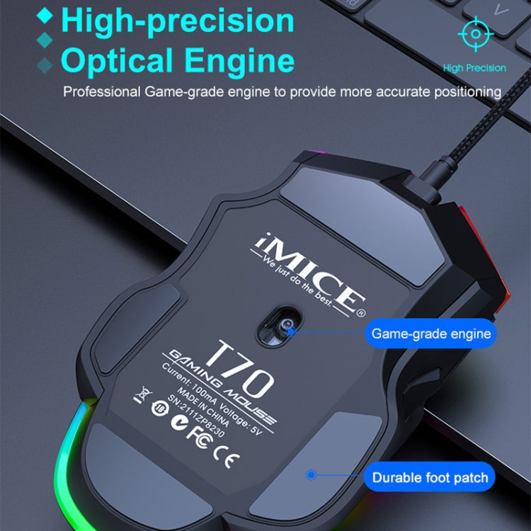 IMICE T70 8-Button 7200DPI RGB Lighting Programmable Wired Gaming Mouse, Cable Length: 1.8m(Black) - Wired Mice by IMICE | Online Shopping UK | buy2fix