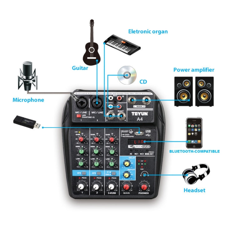 TEYUN A4 4-way Small Microphone Digital Mixer Live Recording Effector(US Plug) - Live Sound Effects Processors by TEYUN | Online Shopping UK | buy2fix