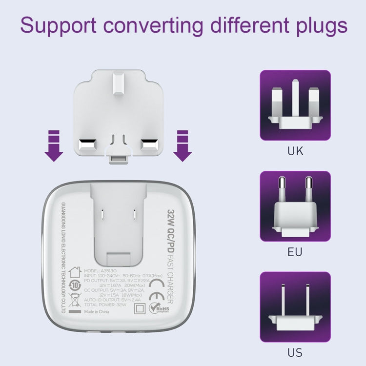 LDNIO A3513Q 32W QC3.0 3 USB Ports Phone Adapter UK Plug with Type-C to 8 Pin Cable - Mobile Accessories by LDNIO | Online Shopping UK | buy2fix