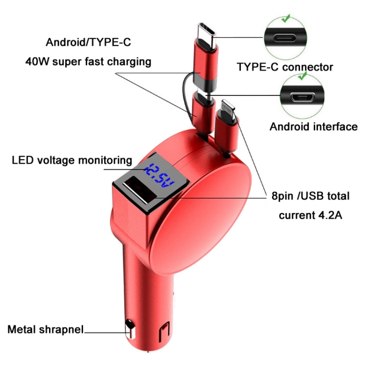 3 In 1 60W Fast Charging Dual Cable Retractable Car Charger(Black) - In Car by buy2fix | Online Shopping UK | buy2fix