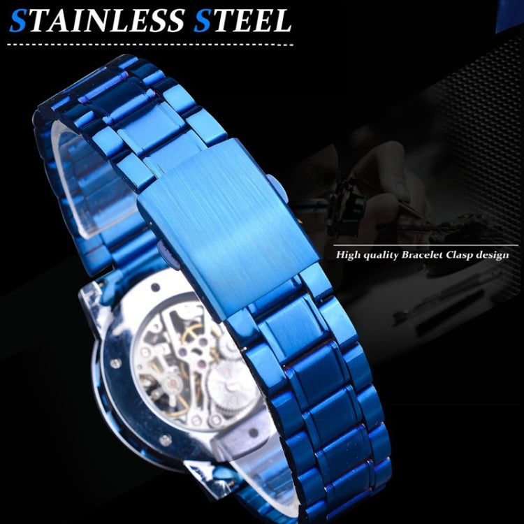 Winner Leisure Skeleton Diamond Luminous Pointer Watch Men Manual Mechanical Watch(Black Belt White Face Blue Word) - Metal Strap Watches by Winner | Online Shopping UK | buy2fix
