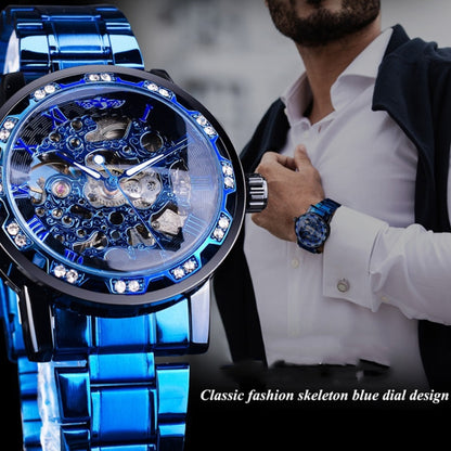 Winner Leisure Skeleton Diamond Luminous Pointer Watch Men Manual Mechanical Watch(Blue Belt Silver Shell Blue Face) - Metal Strap Watches by Winner | Online Shopping UK | buy2fix