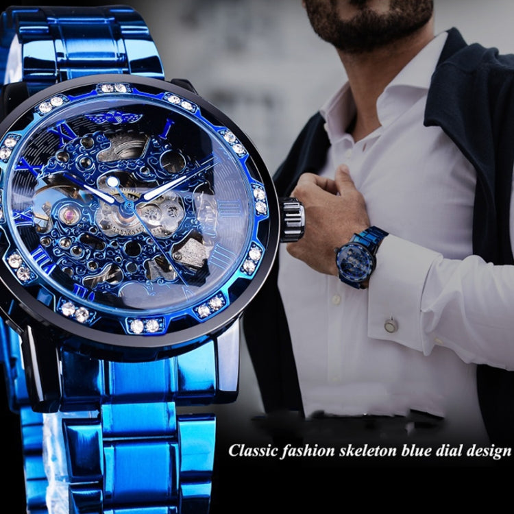 Winner Leisure Skeleton Diamond Luminous Pointer Watch Men Manual Mechanical Watch(Black Belt White Face Blue Word) - Metal Strap Watches by Winner | Online Shopping UK | buy2fix