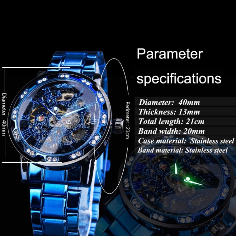 Winner Leisure Skeleton Diamond Luminous Pointer Watch Men Manual Mechanical Watch(Black Belt Black Shell Blue Face) - Metal Strap Watches by Winner | Online Shopping UK | buy2fix