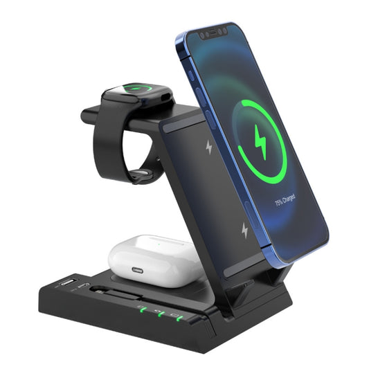 Z252 6-In-1 Wireless Charging Stand Dock With USB-C/Type-C Port & 8 Pin Charge Cable(Black) - Wireless Charger by buy2fix | Online Shopping UK | buy2fix