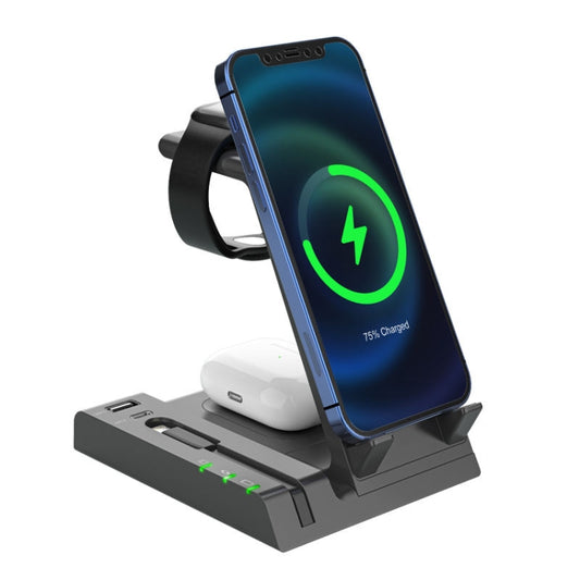 Z252 6-In-1 Wireless Charging Stand Dock With USB-C/Type-C Port & 8 Pin Charge Cable(Grey) - Wireless Charger by buy2fix | Online Shopping UK | buy2fix