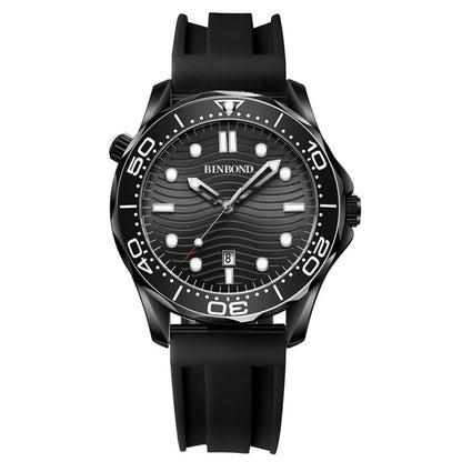 Black Silicon Black Steel Black BINBOND B2820 Luminous 30m Waterproof Men Sports Quartz Watch - Silicone Strap Watches by BINBOND | Online Shopping UK | buy2fix