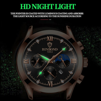 BINBOND B3591 30m Waterproof Luminous Calendar Men Watch, Color: Rose Gold-Black - Metal Strap Watches by BINBOND | Online Shopping UK | buy2fix