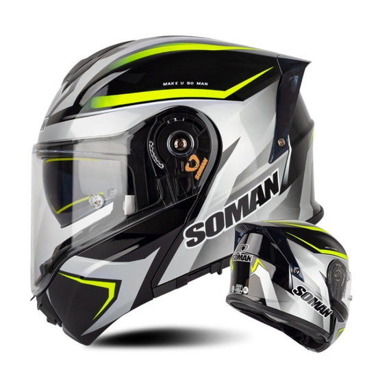 SOMAN Racing Motorcycle Double Lens Riding Safety Helmet, Size: XL(Silver Gray Yellow Vision) - Helmets by SOMAN | Online Shopping UK | buy2fix
