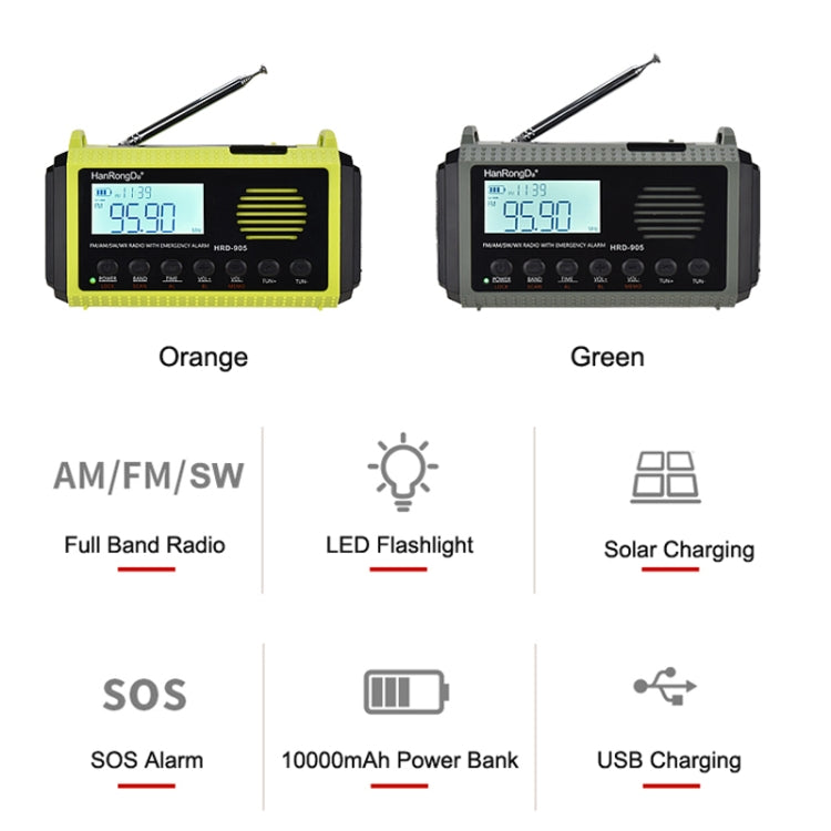 HanRongda HRD-905 Solar Charging LED Lighting Generation Disaster Prevention Emergency Full Band Radio(Army Green) - Radio Player by HanRongda | Online Shopping UK | buy2fix